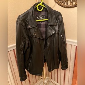 Black leather jacket with plaid flannel lining